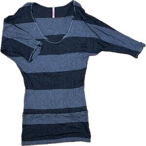 Eighty Sixty Black Gray Stripe Scoop Neck 3/4 Sleeve Slim Fit Shirt Womans Med
